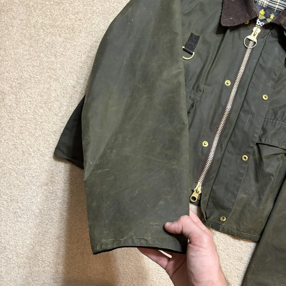 Vtg Barbour A130 Spey Jacket Mens Large Short Green Waxed Made England Hooded - Picture 12 of 16